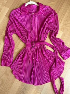 Fuchsia Pleated Button-Up Shirt Dress with Belt